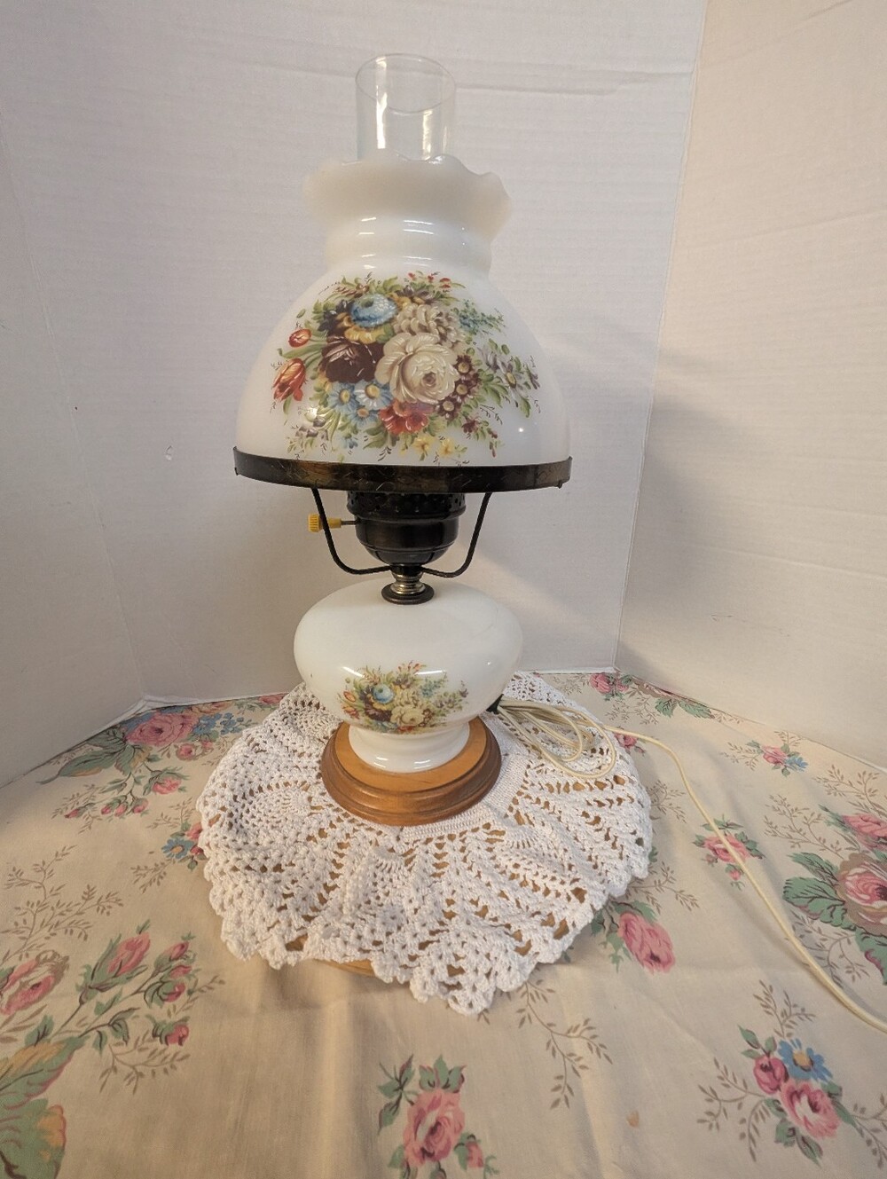 Large Vintage Hurricane Table Lamp with floral design painted flowers